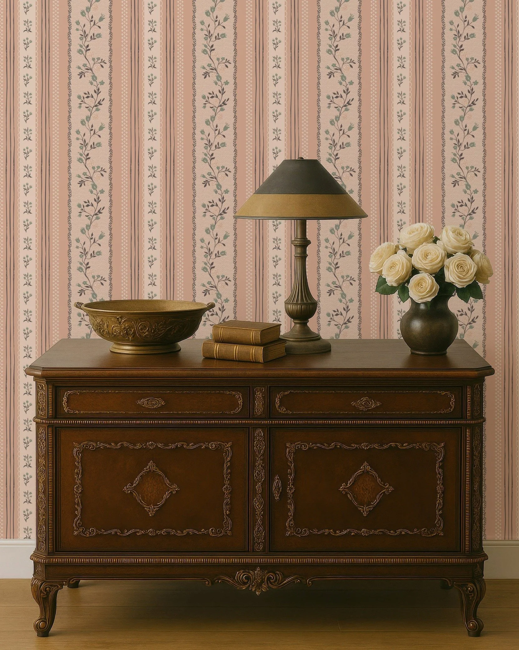 Old style dresser in front of complex striped wallpaper in pink and sagecottagecore grandmacore grandmillennial trailing floral style