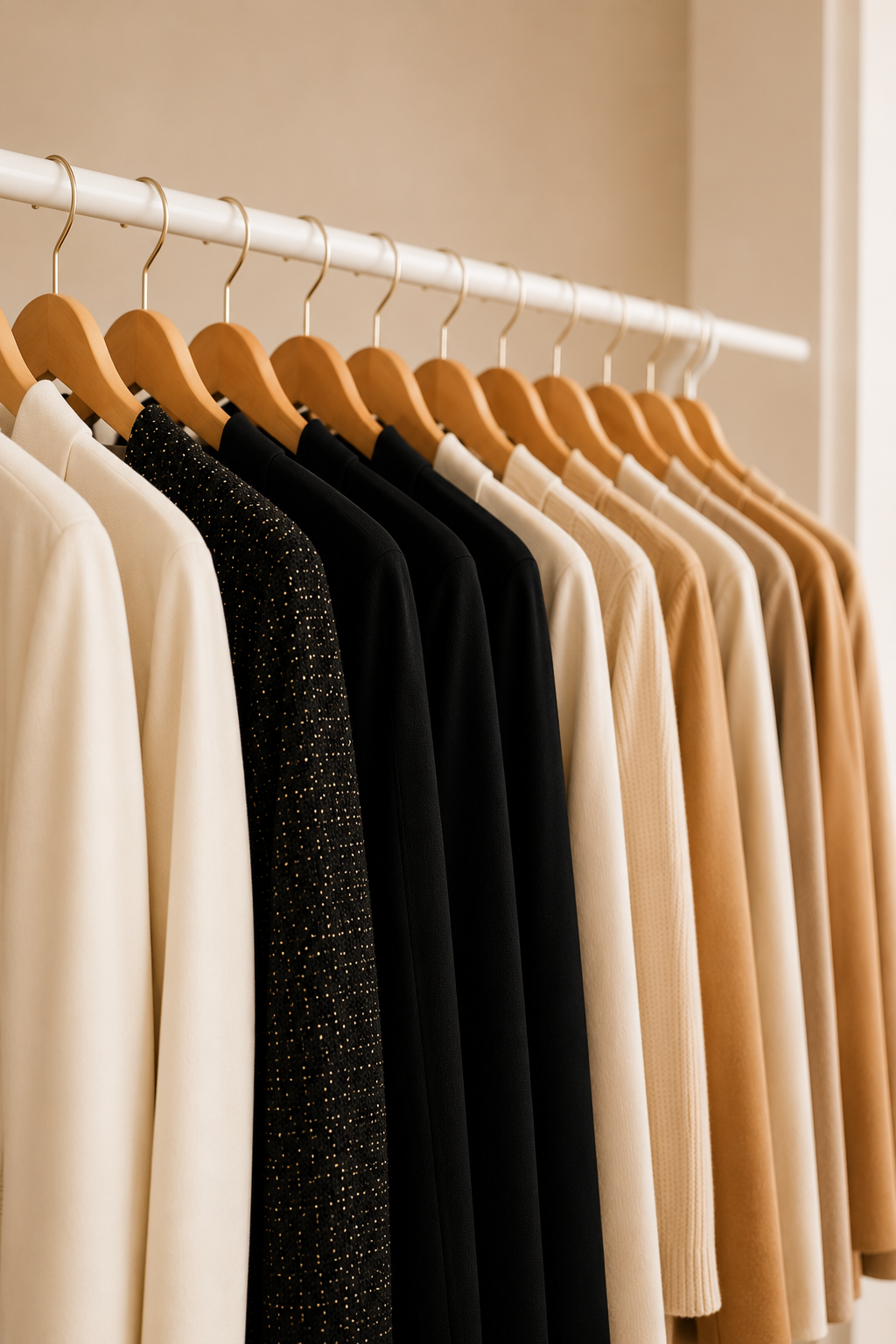 Curated capsule wardrobe featuring timeless neutral clothing organized by a San Francisco personal stylist for effortless everyday dressing.