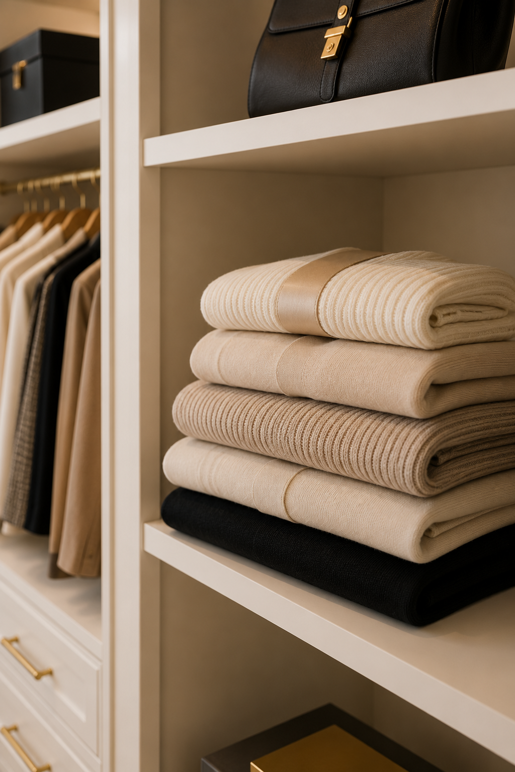 Professionally organized wardrobe with folded knitwear, hanging clothing, and luxury accessories during a personalized closet edit by San Francisco personal stylist Shea English.