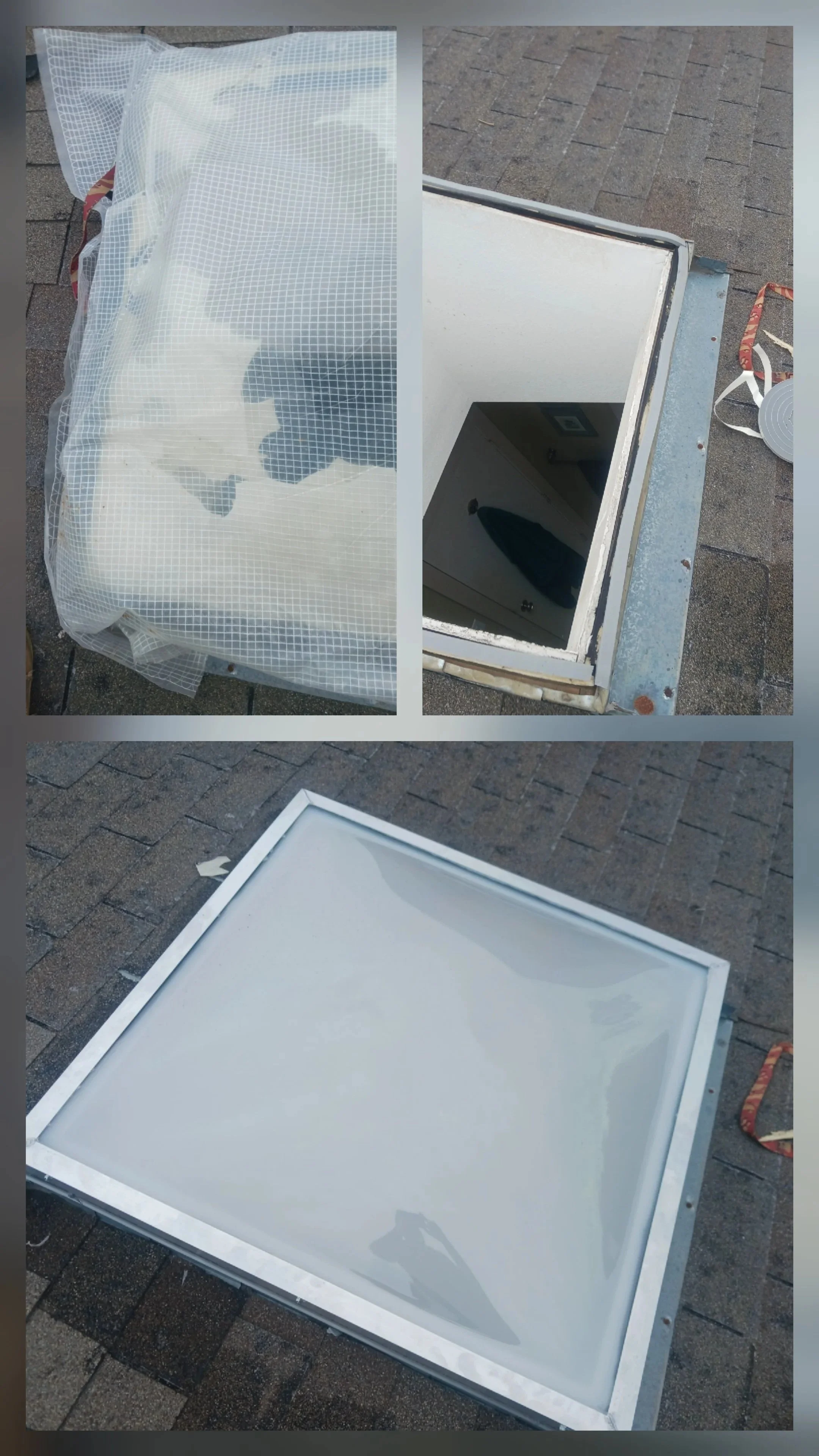 Sequence of three photos showing the removal of a white, framed lightbox from a rooftop area. The first photo shows the lightbox wrapped in protective netting, the second shows it partially removed exposing the interior, and the third shows it completely removed, revealing a clean, empty frame.