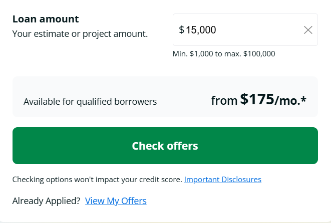 Interactive roof financing calculator and monthly payment estimator for Road Roofing customers.
