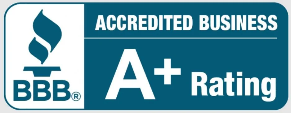BBB logo with a flame symbol on the left. Text indicating 'ACCREDITED BUSINESS' at the top, and an 'A+ Rating' below.
