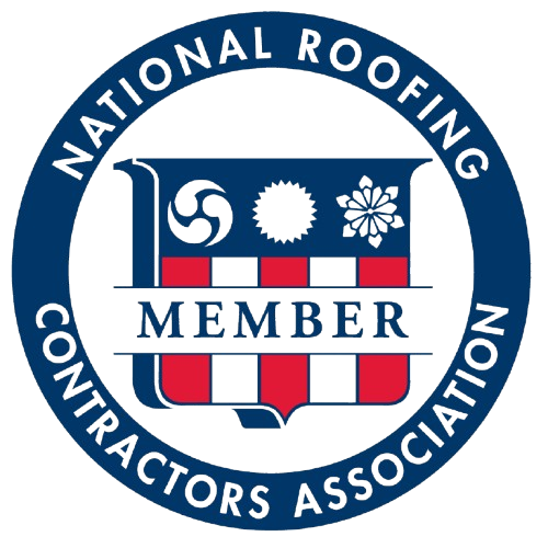 Seal of the National Roofing Contractors Association with a shield featuring symbols, the word 'MEMBER,' and a circular border with the organization's name.