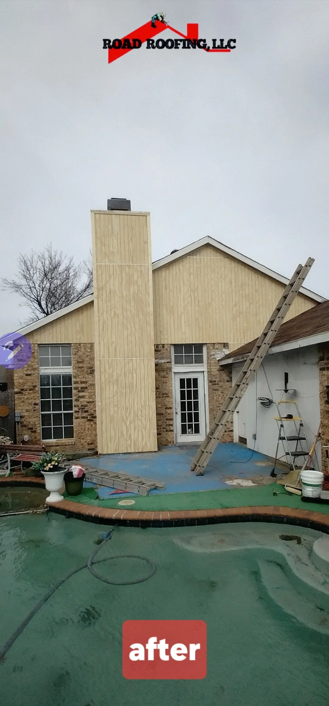 Photo of a house under renovation showing a tall wooden structure attached to the side, a ladder leaning against the house, construction tools, and a swimming pool in the yard with an "after" label at the bottom.
