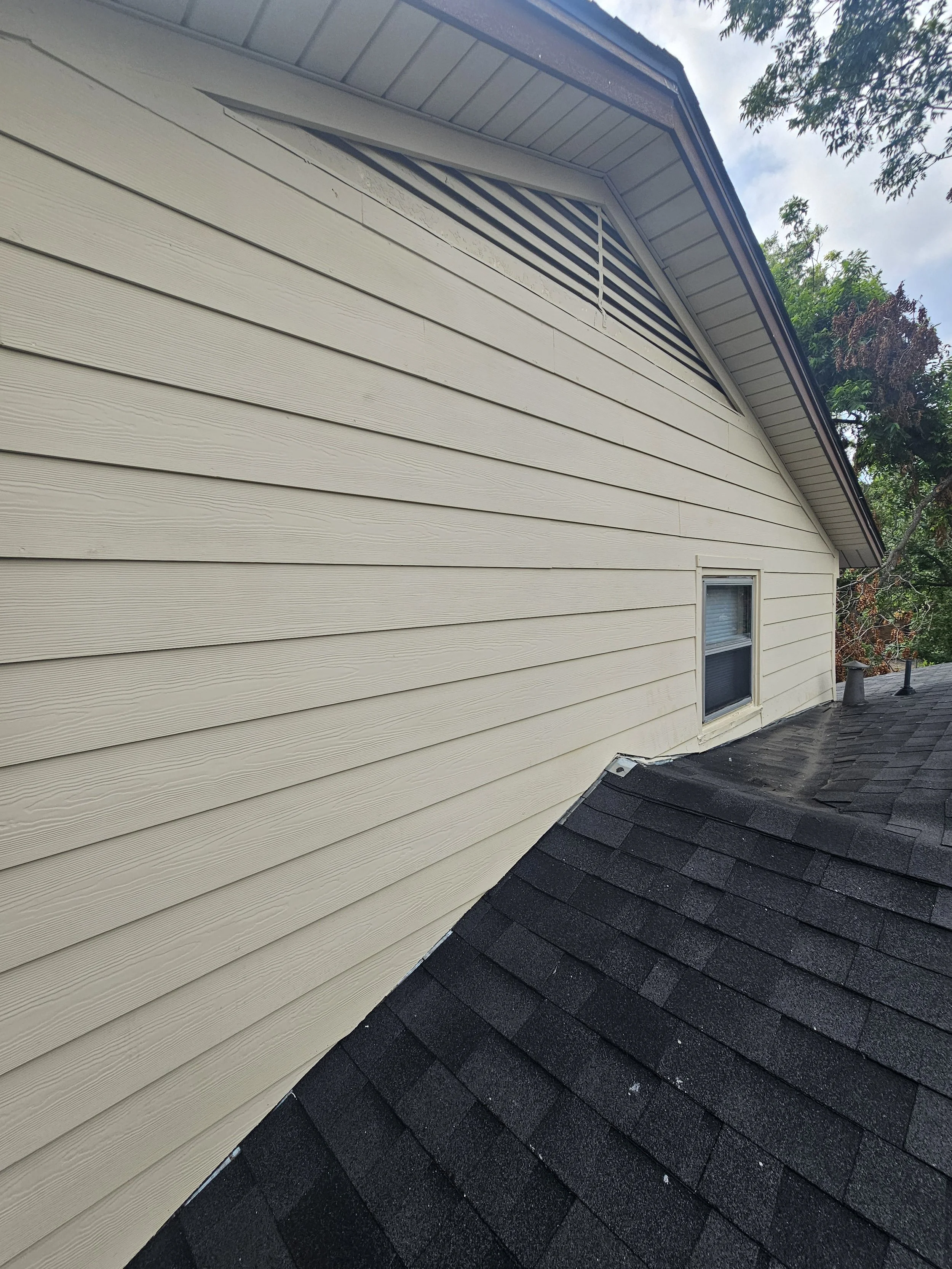 Close-up of beige horizontal vinyl siding on the side of a house with a small window and part of a black shingled roof in the foreground, with trees and sky visible in the background.