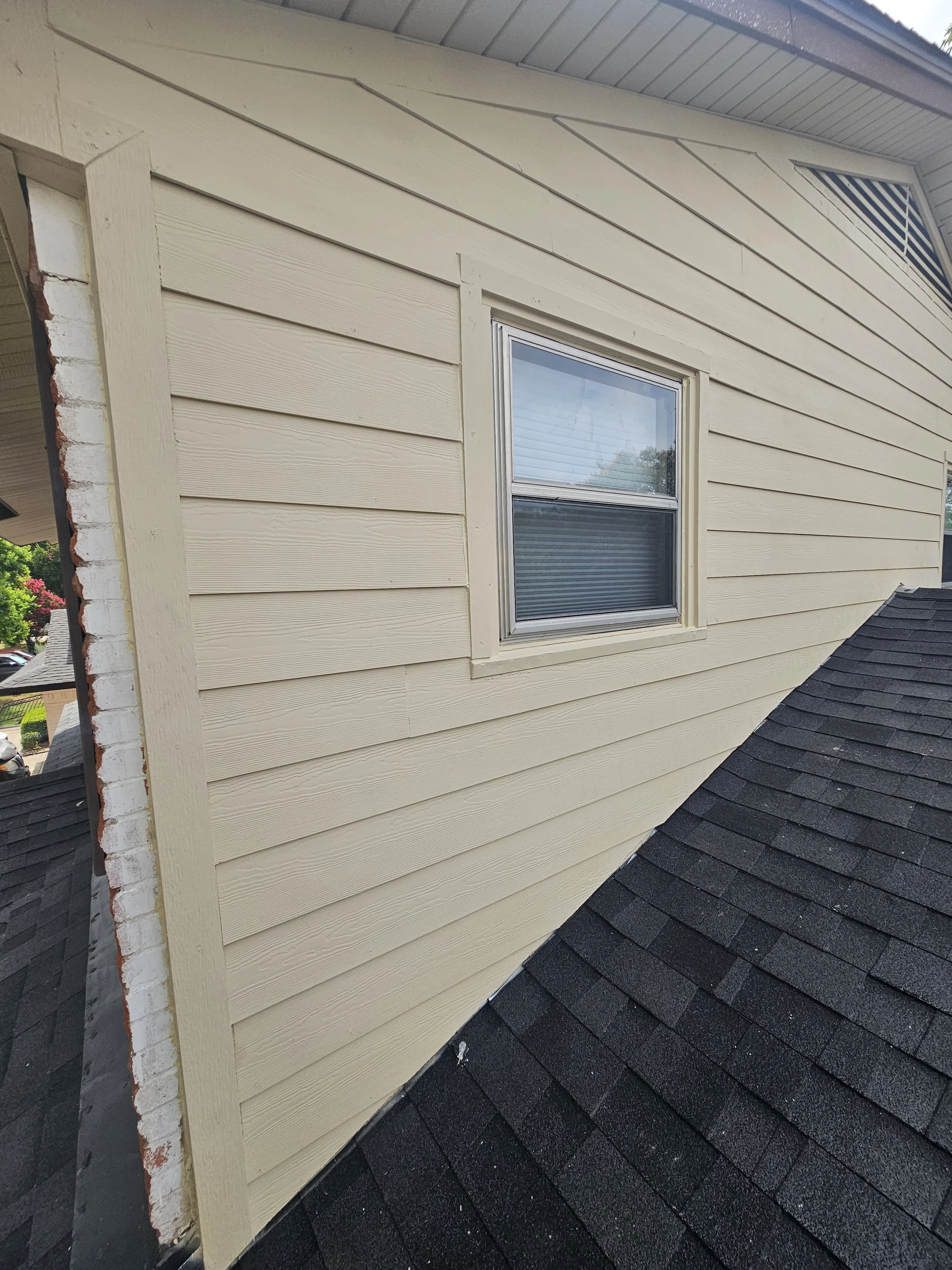 Close-up of the side of a house with yellow horizontal siding, a white-framed double-hung window, and a black shingled roof.