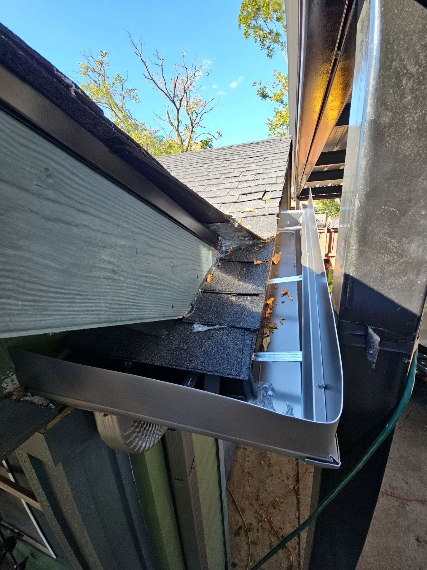 View of a roof gutter with leaves and debris, a ladder, and part of a house wall with tree branches and a blue sky in the background.