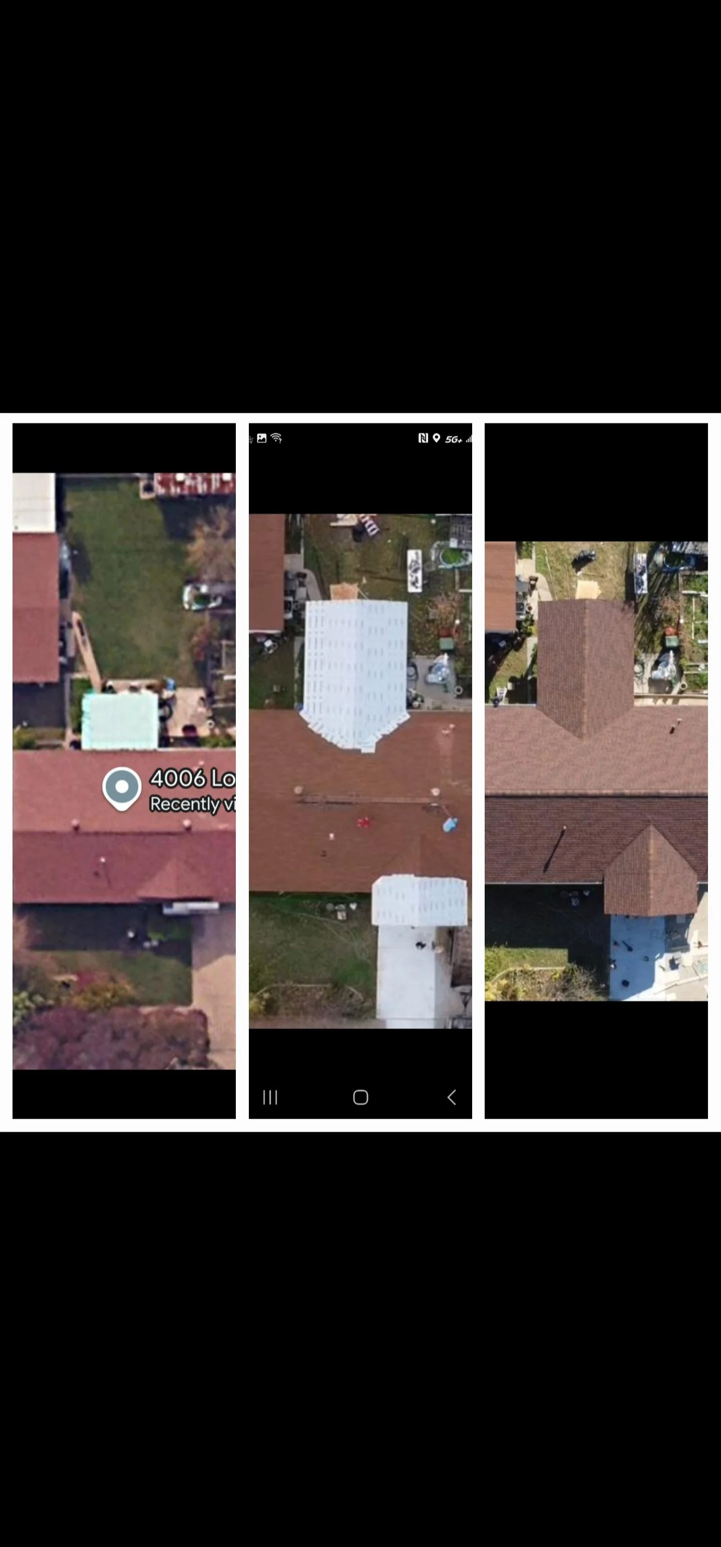 Three aerial views of houses and yards, showing different roof styles and outdoor areas.