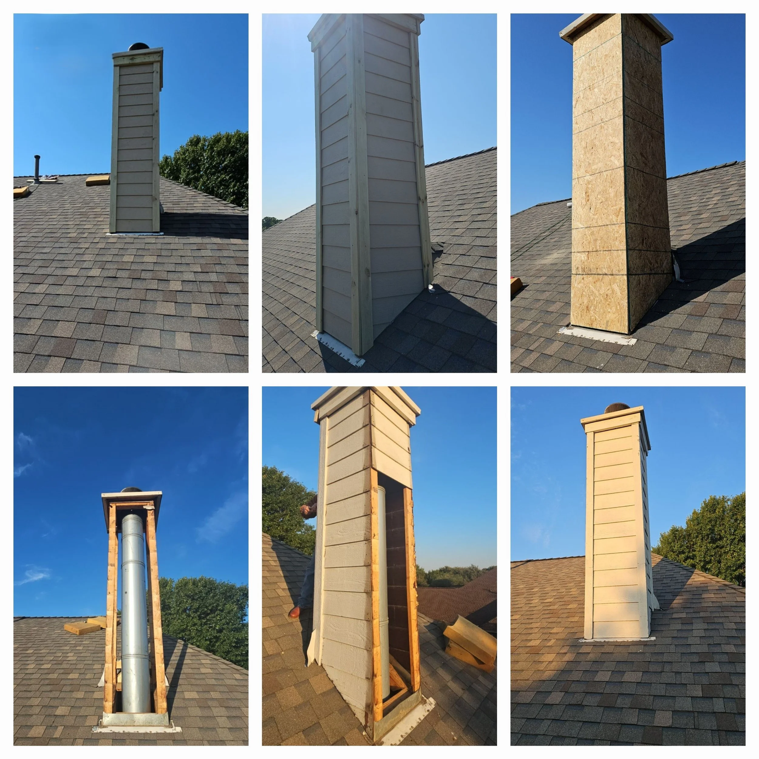 Comparison of three chimney installations on a house roof. The first chimney is completed with siding, the second is under construction with exposed wood framing, and the third has a wood frame wrapped with a sheathing material, ready for final siding.