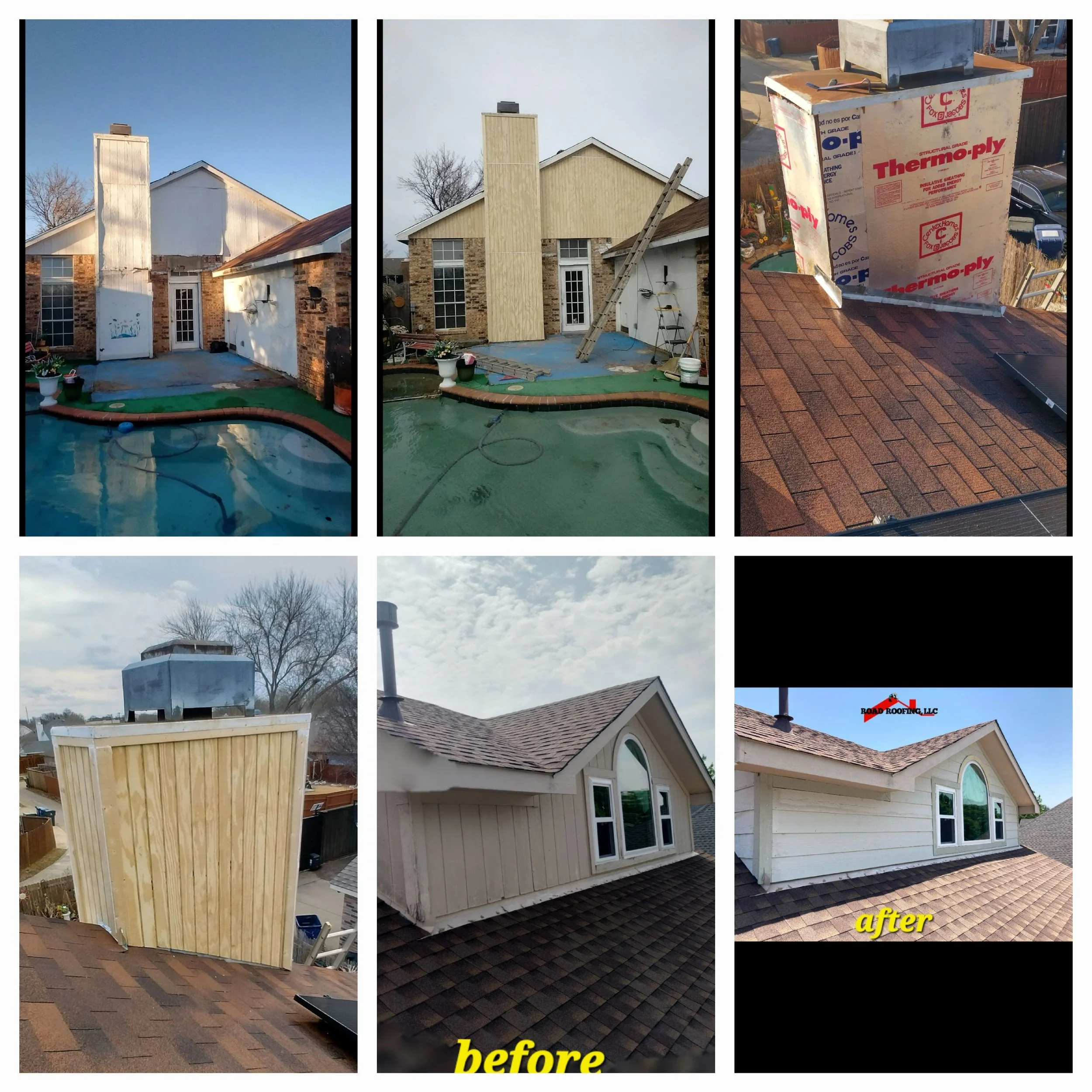 Sequence of images showing the before, during, and after stages of a home remodeling project on a house's chimney and roof. The "before" image shows an old chimney and roof with shingles. The "during" image depicts the new chimney being installed, wi