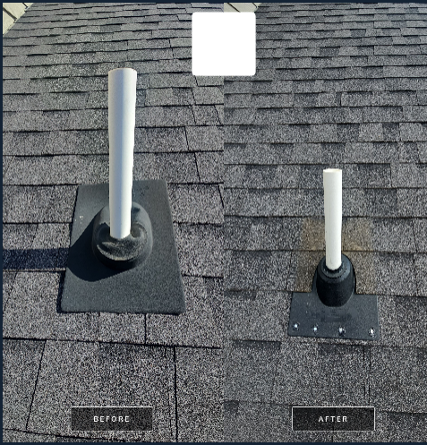 Comparison of two roof vents, one before and one after replacement, on a shingled roof.