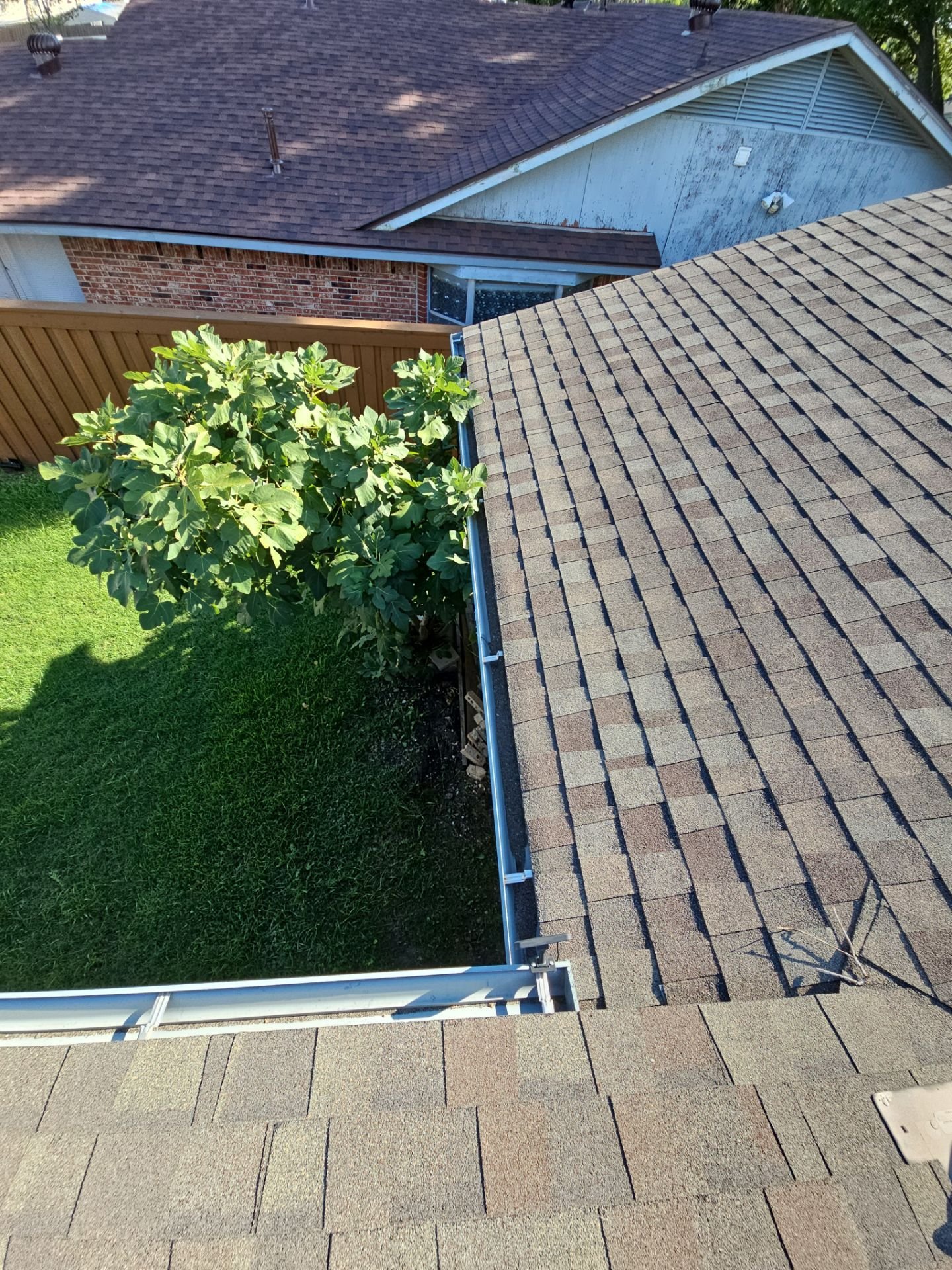 View of a house rooftop with asphalt shingles, a wooden fence, a green tree, and part of a stone patio.