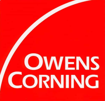 Red background with white text reading "Owens Corning".