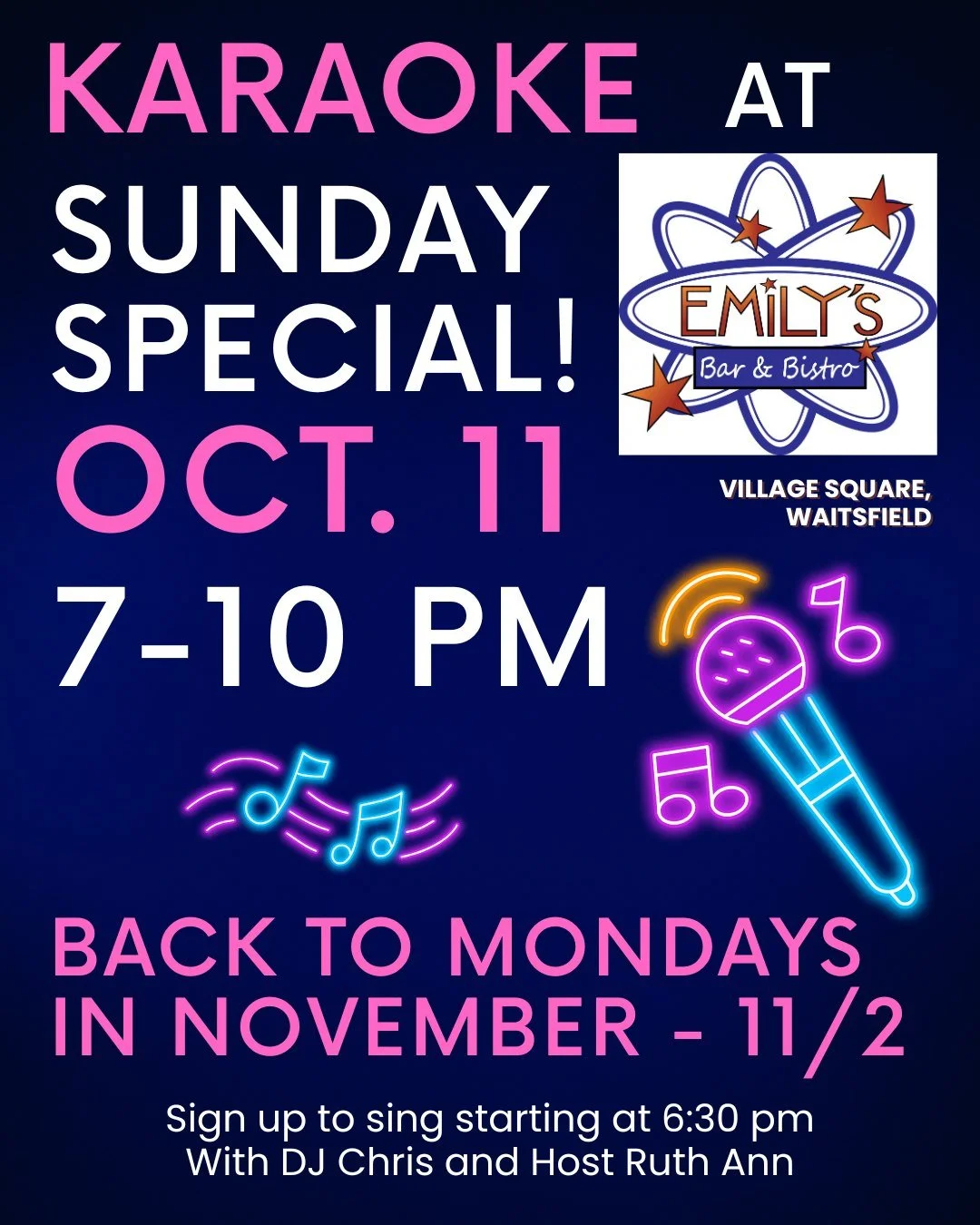 Slight change to the Karaoke schedule. $10 juicy burgers and $5 select drafts. 
Hope to see you there!