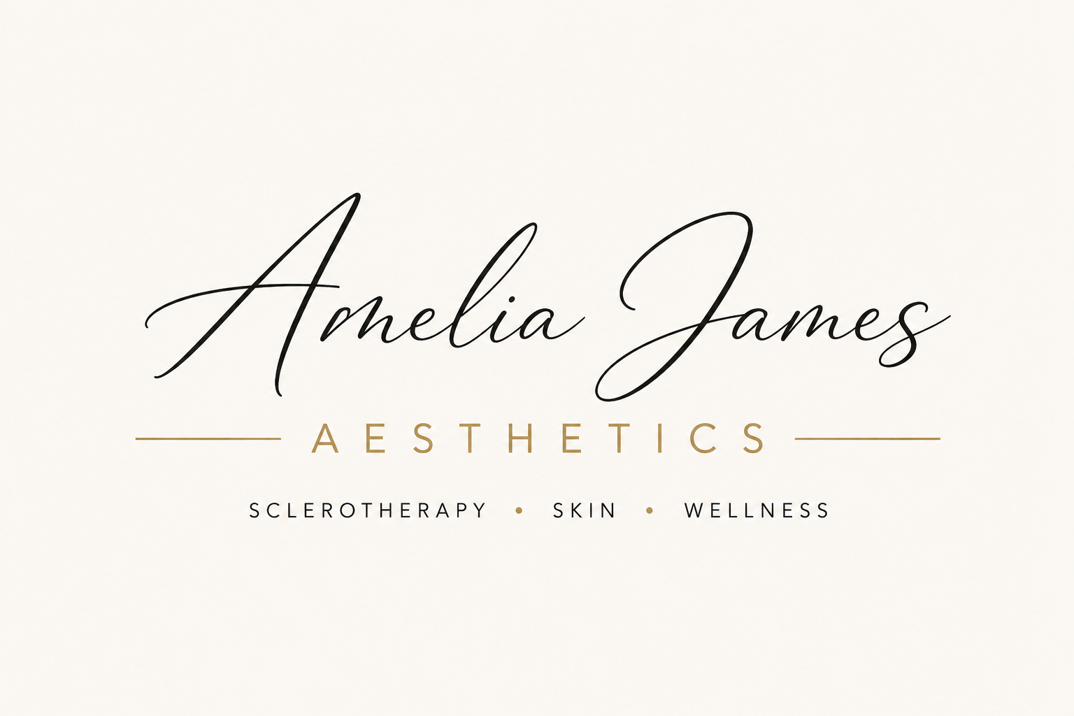 Business card for Amelia James Aesthetics with services listed as sclerotherapy, skin, and wellness.