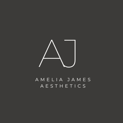Logo with stylized initials AJ above the text "Amelia James Aesthetics" on a dark background.