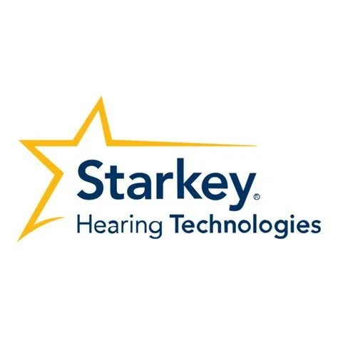 Logo of Starkey Hearing Technologies featuring a yellow star outline with a trailing line and the company name in bold blue text, with 'Hearing Technologies' underneath.