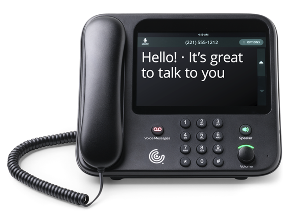 A captioned phone with a screen displaying a message that says, 'Hello! It's great to talk to you,' and a phone number. The phone has buttons, a keypad, volume control, voice message indicator, and speaker.