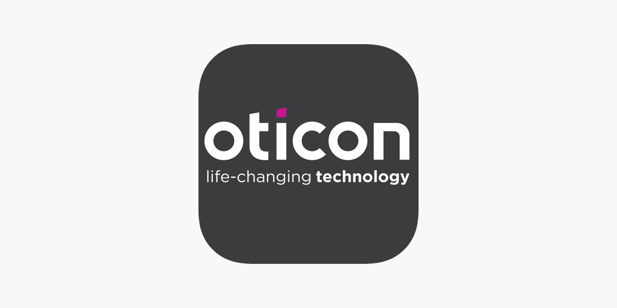 Oticon app icon with the words "Oticon" and "life-changing technology" on a dark background