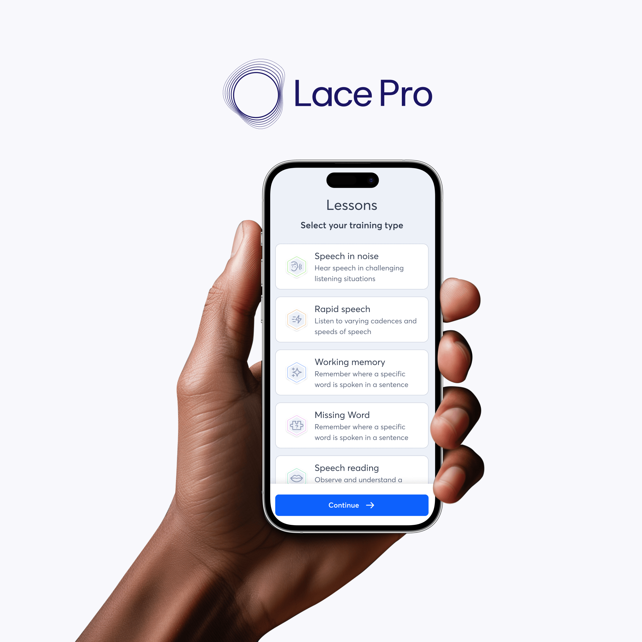A hand holding a smartphone displaying an auditory training app with exercise options. The background features a logo for Lace Pro with a circular design and the text 'Lace Pro'.