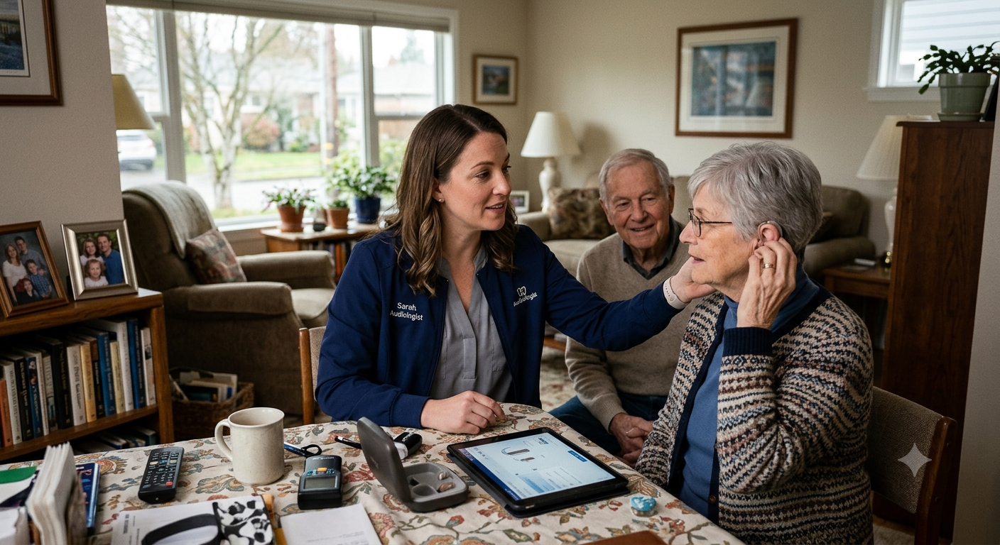 audiologist performing an in-home hearing aid fitting in a patient's living room.