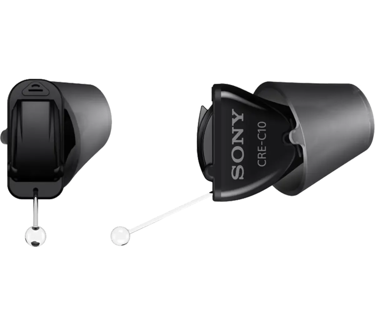 Wireless Sony hearing aids with adjustable ear tips and a charging case.