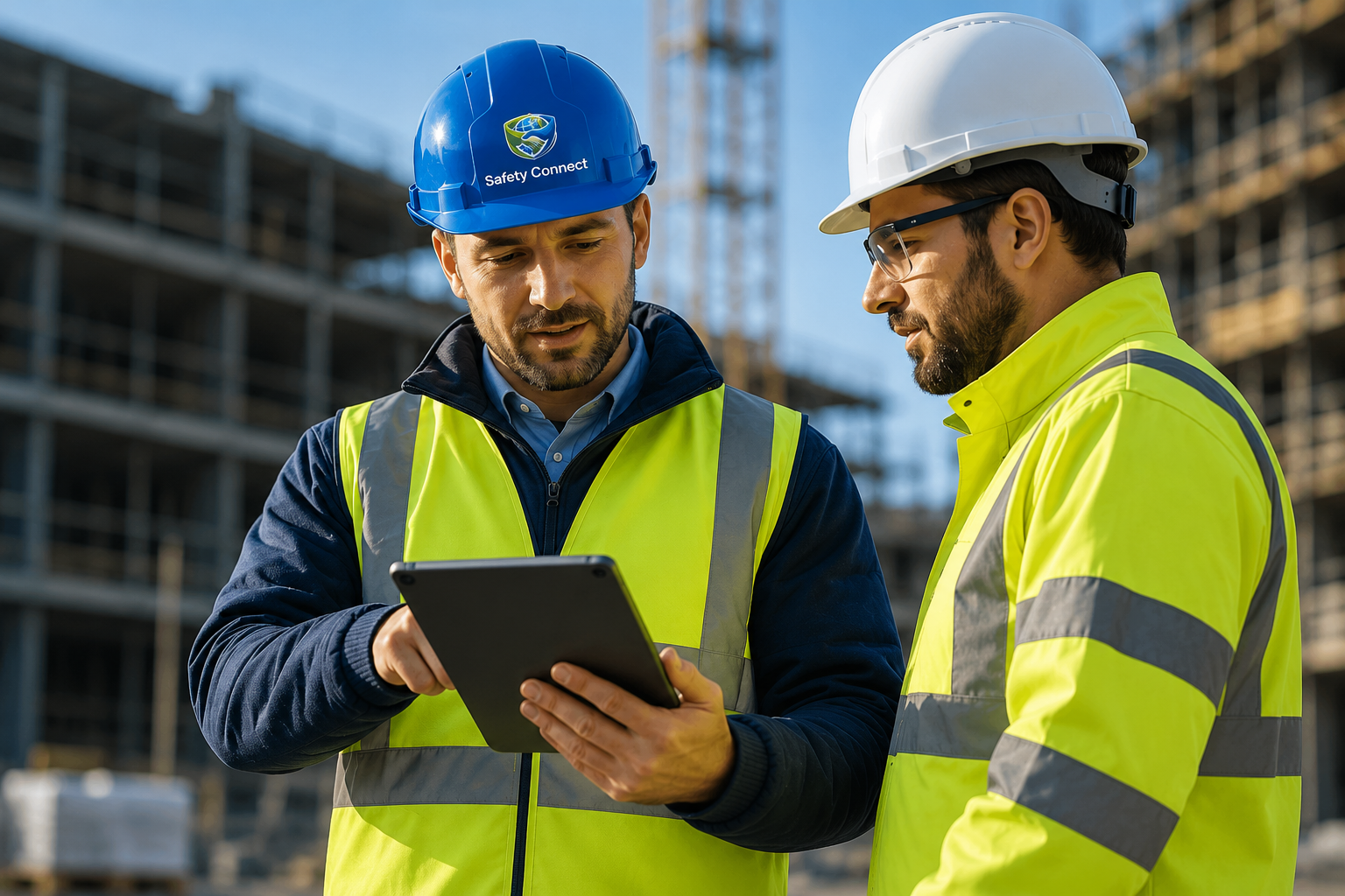 Two construction workers wearing yellow safety vests and hard hats, one blue and one white, look at a tablet on a construction site with unfinished buildings in the background.