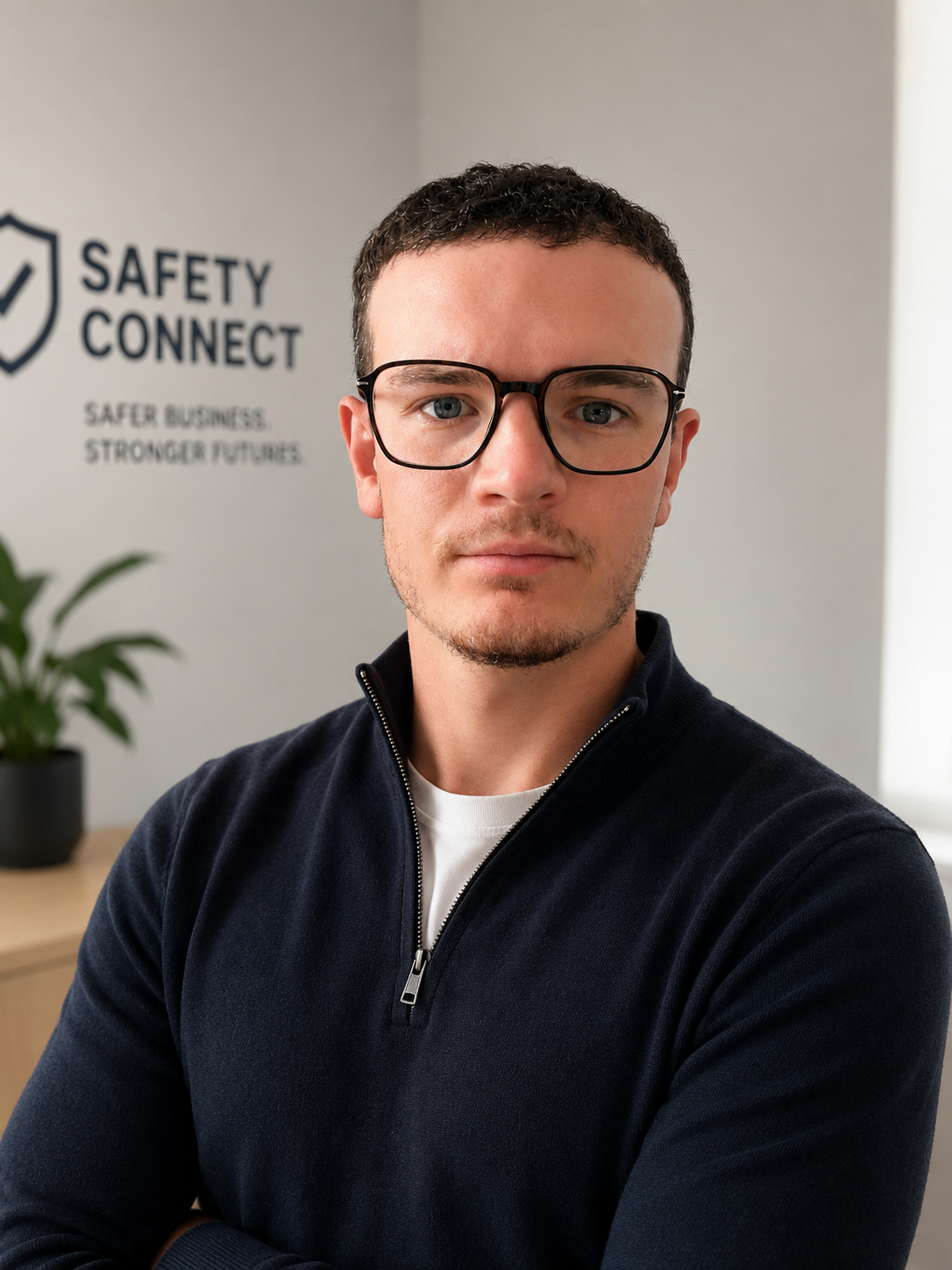 A young man with short dark hair and glasses, wearing a navy zip-up sweater and white shirt, standing in an office with a sign in the background that reads 'Safety Connect' and 'Safer Business. Stronger Futures.'
