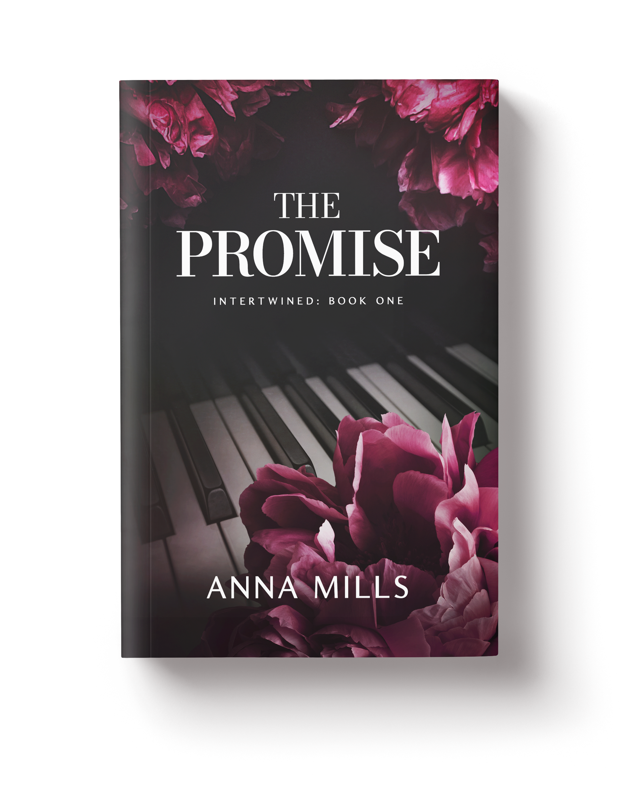 Book cover titled 'The Promise' by Anna Mills, featuring pink flowers and piano keys in the background.