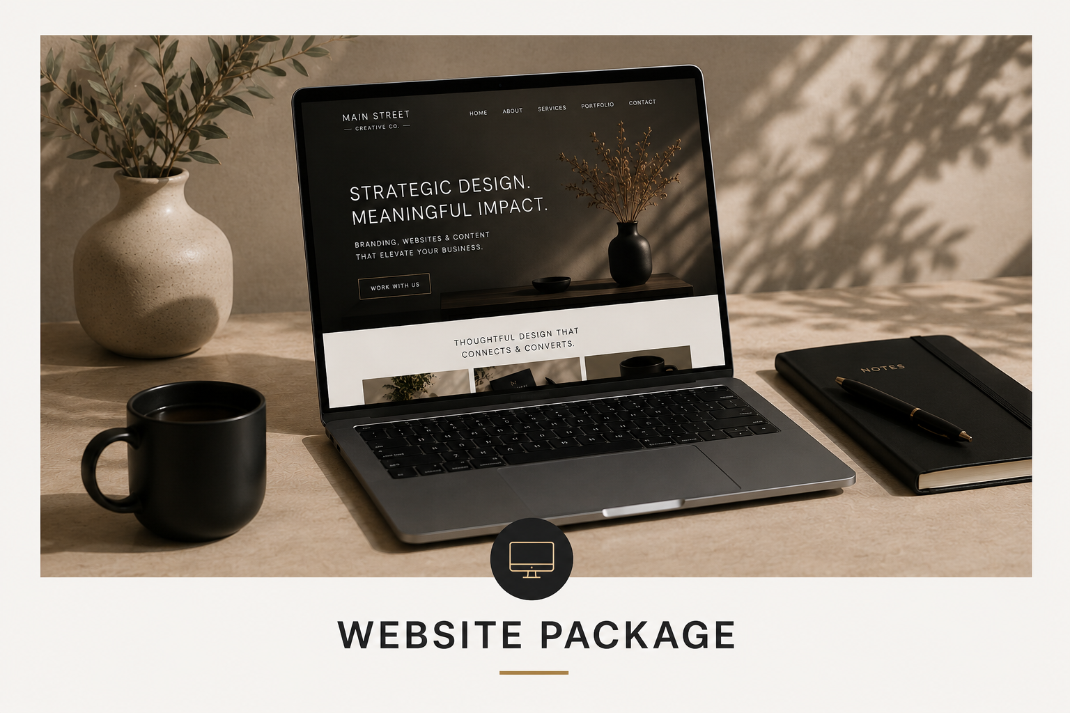 A desk with a laptop displaying a website about strategic design, a black coffee mug, a black notebook with a pen on top, and a beige vase with a plant, with shadows from sunlight on the wall.