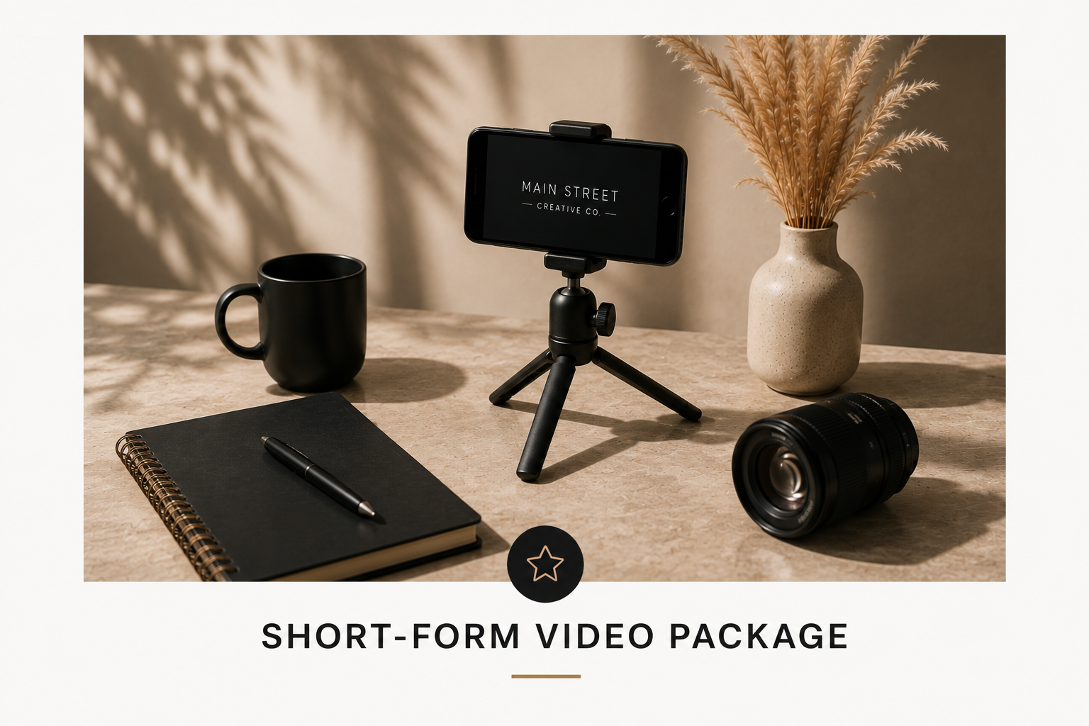 A desk setup featuring a black camera lens, a black coffee mug, a black notebook with a pen on top, and a smartphone on a small tripod. The smartphone screen displays "Main Street Creative Co." The desk has a vase with dried wheat stalks and a shadowy background.