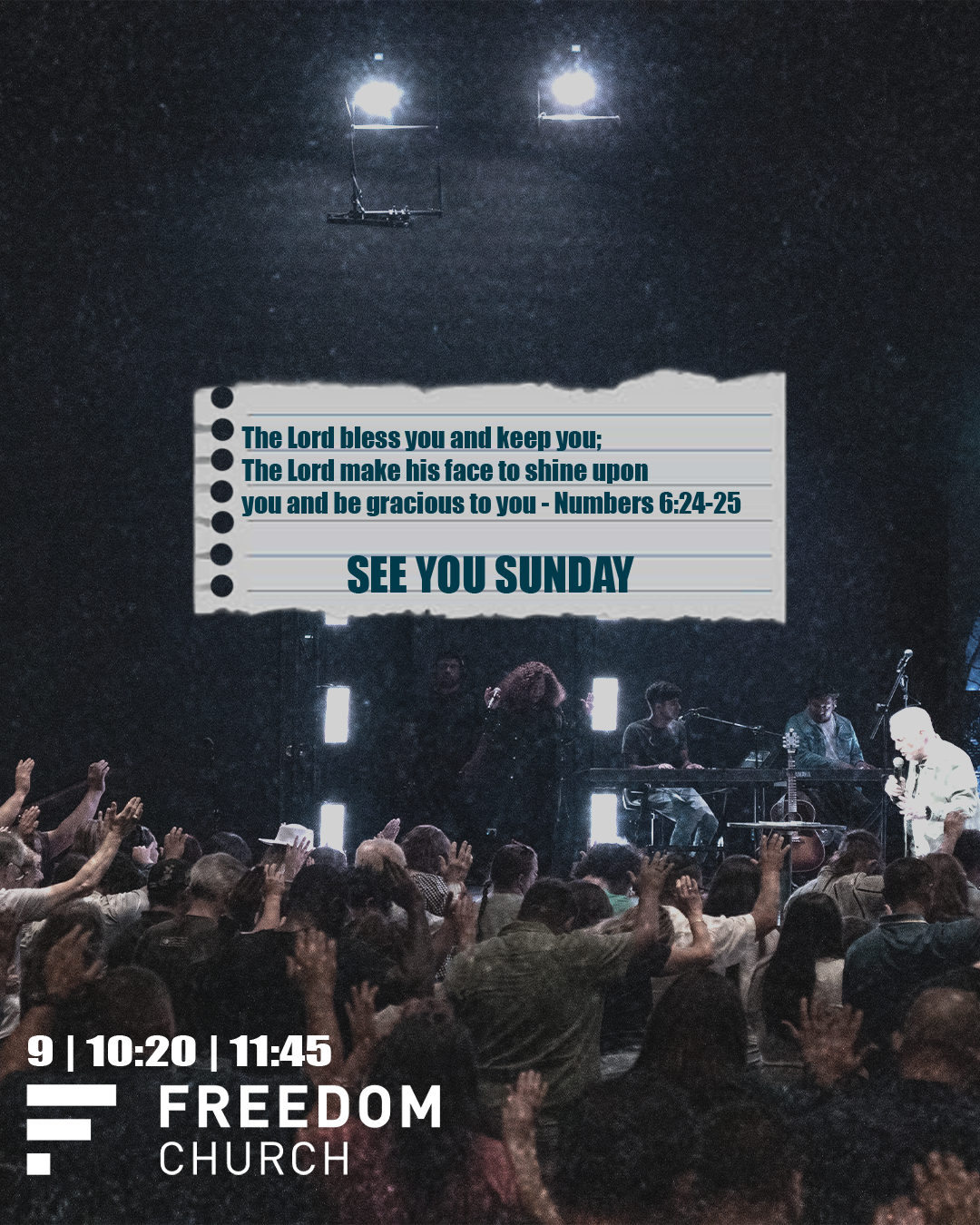 A church service at Freedom Church with a crowd raising their hands, a stage with musicians, and a projection screen displaying a Bible verse from Numbers 6:24-25.
