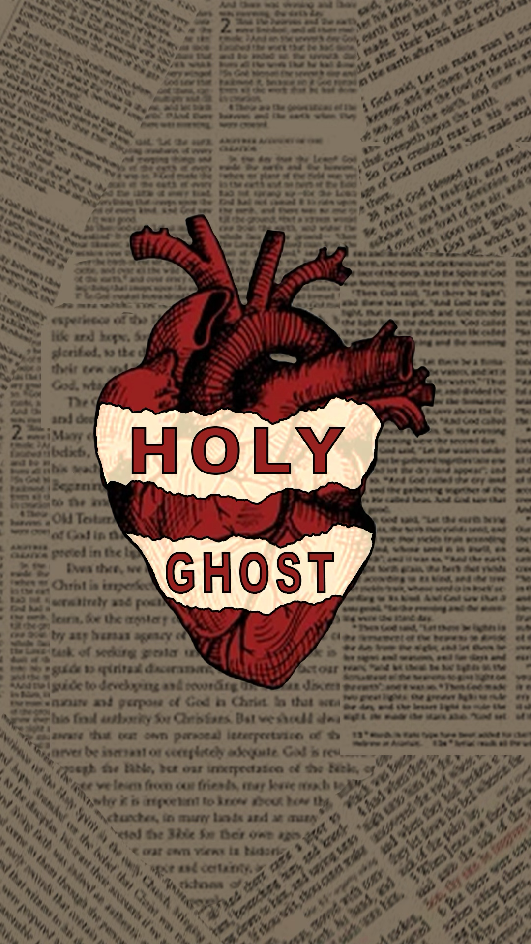 A stylized anatomical heart illustration with the words "Holy Ghost" written across it layered over a background of newspaper text.