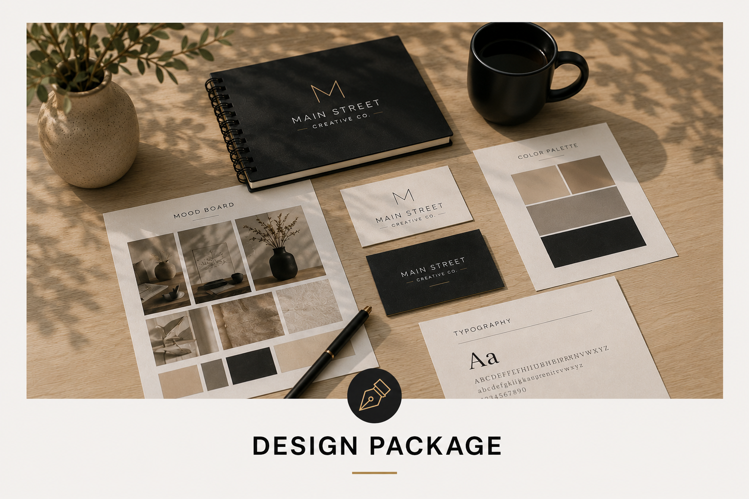 A flat lay of a design project workspace featuring a black notebook labeled 'Main Street Creative Co.', a black coffee mug, a plant in a beige vase, various printed branding materials including mood board, color palette, typography, business card, and a pen, all arranged on a wooden surface.