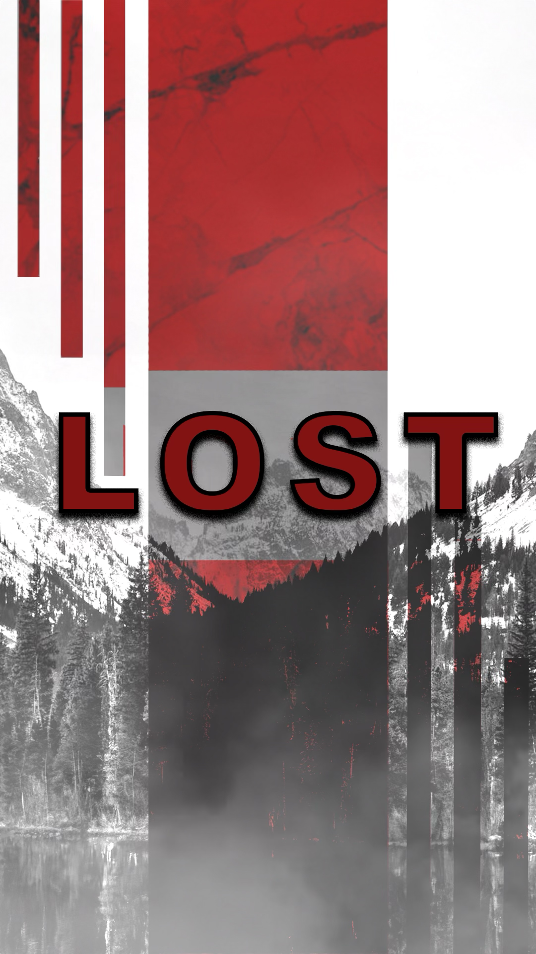 A black and white mountain landscape with a body of water in the foreground. Overlaid is the word "LOST" in bold red letters, partially obscured by white and red vertical bars and a red, textured background.
