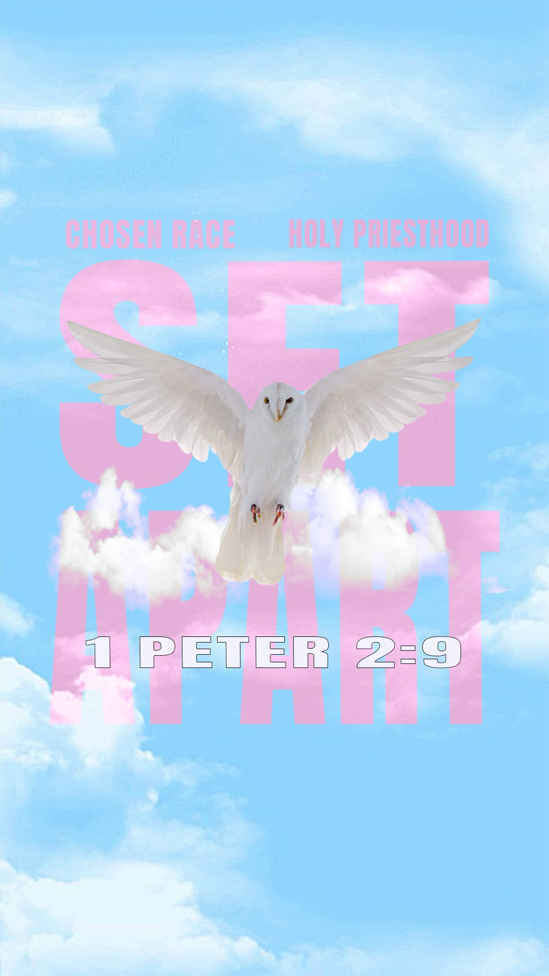 A white dove with outstretched wings flying in a blue sky with clouds. Pink text reads 'Chosen Race', 'Holy Priesthood', and '1 Peter 2:9' in the background.