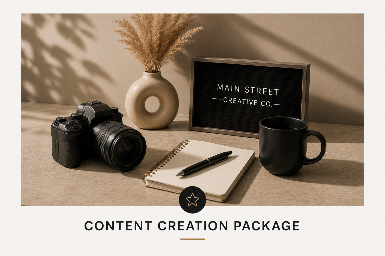A desk setup with a digital camera, a notebook with a pen, a black mug, a ceramic vase with dried grass, a letter board displaying "MAIN STREET CREATIVE CO.," and a beige surface background.