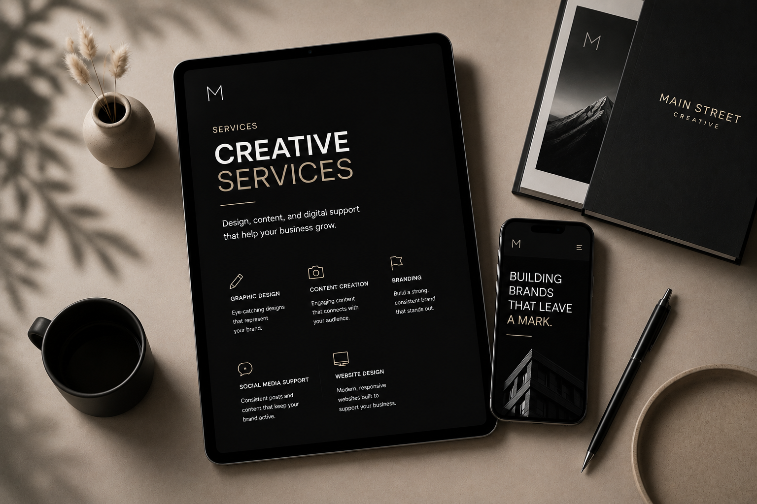 Tablet and smartphone displaying creative services and branding text on a beige desk with books, coffee mug, pen, and decorative vase.