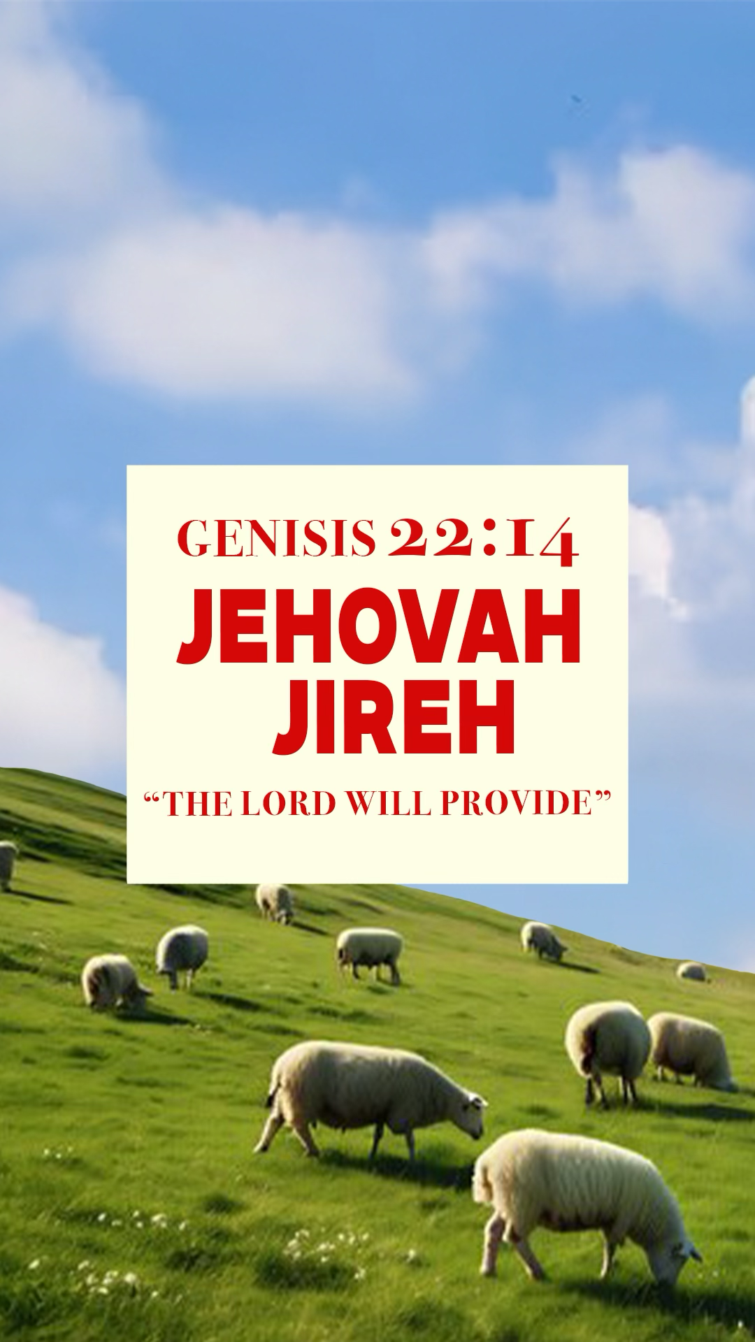 Green hillside with grazing sheep, blue sky with clouds, and a white sign with red text quoting Genesis 22:14 about Jehovah Jireh, 'The Lord Will Provide.'