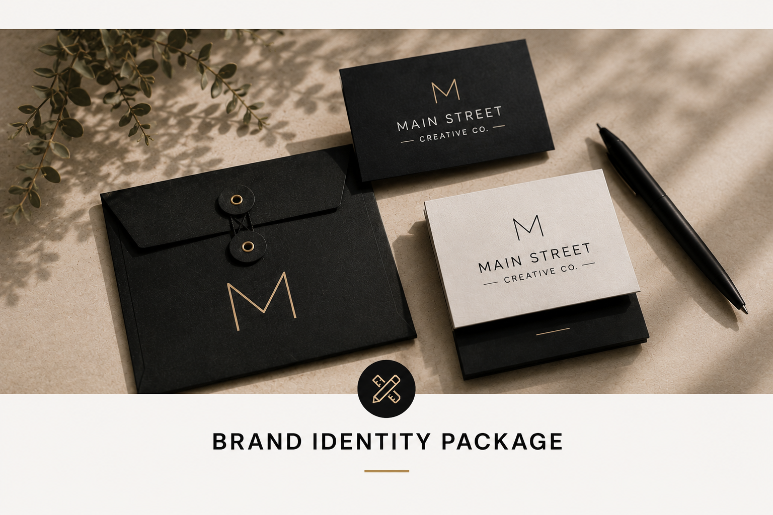 Business branding materials including black and white business cards with gold and black lettering, a black envelope with a gold logo, and a black pen, displayed on a textured surface with dried greenery.