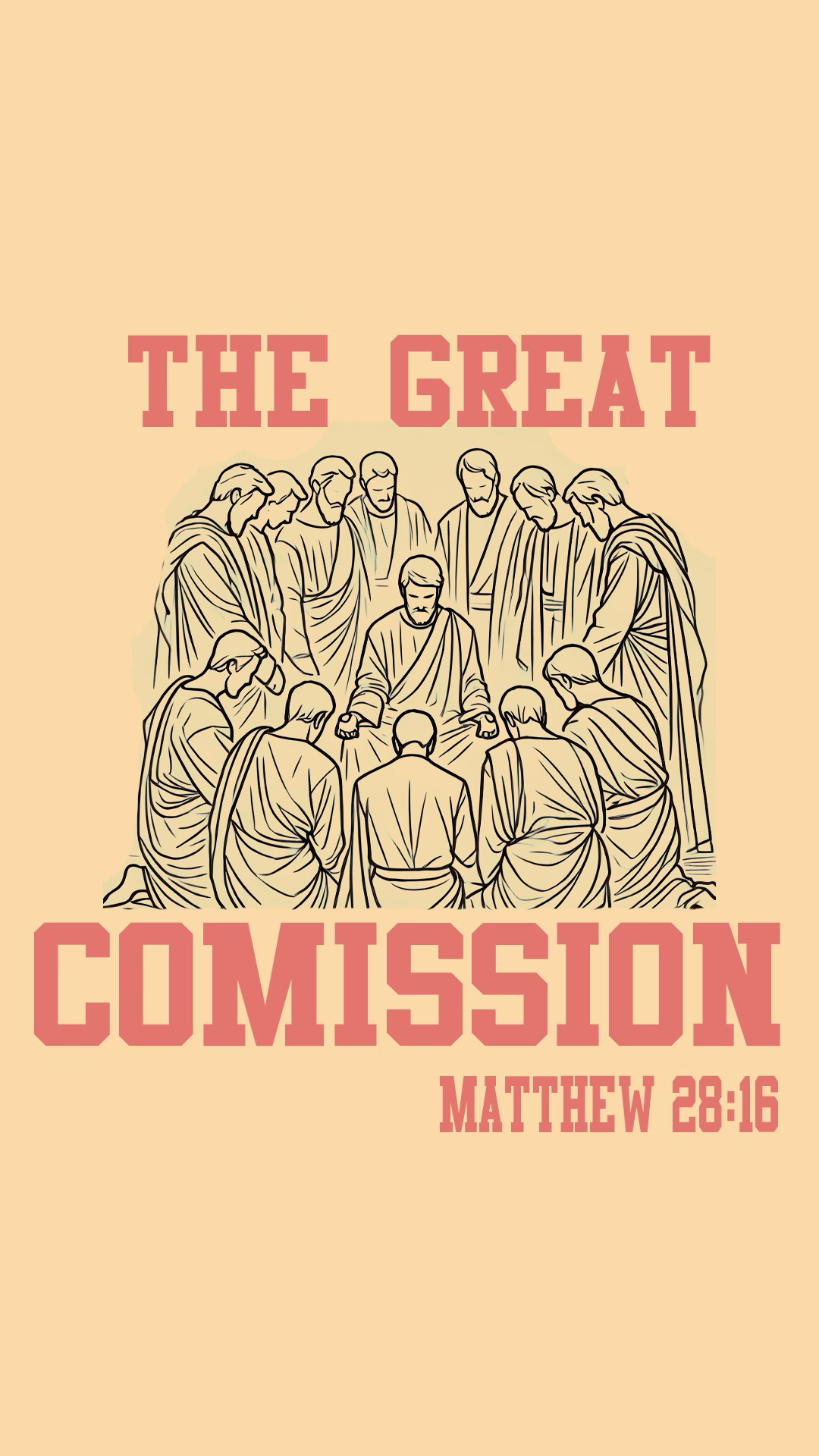 Illustration of Jesus Christ with twelve apostles, sitting with eight other figures, representing the biblical scene of the Great Commission from Matthew 28:16.