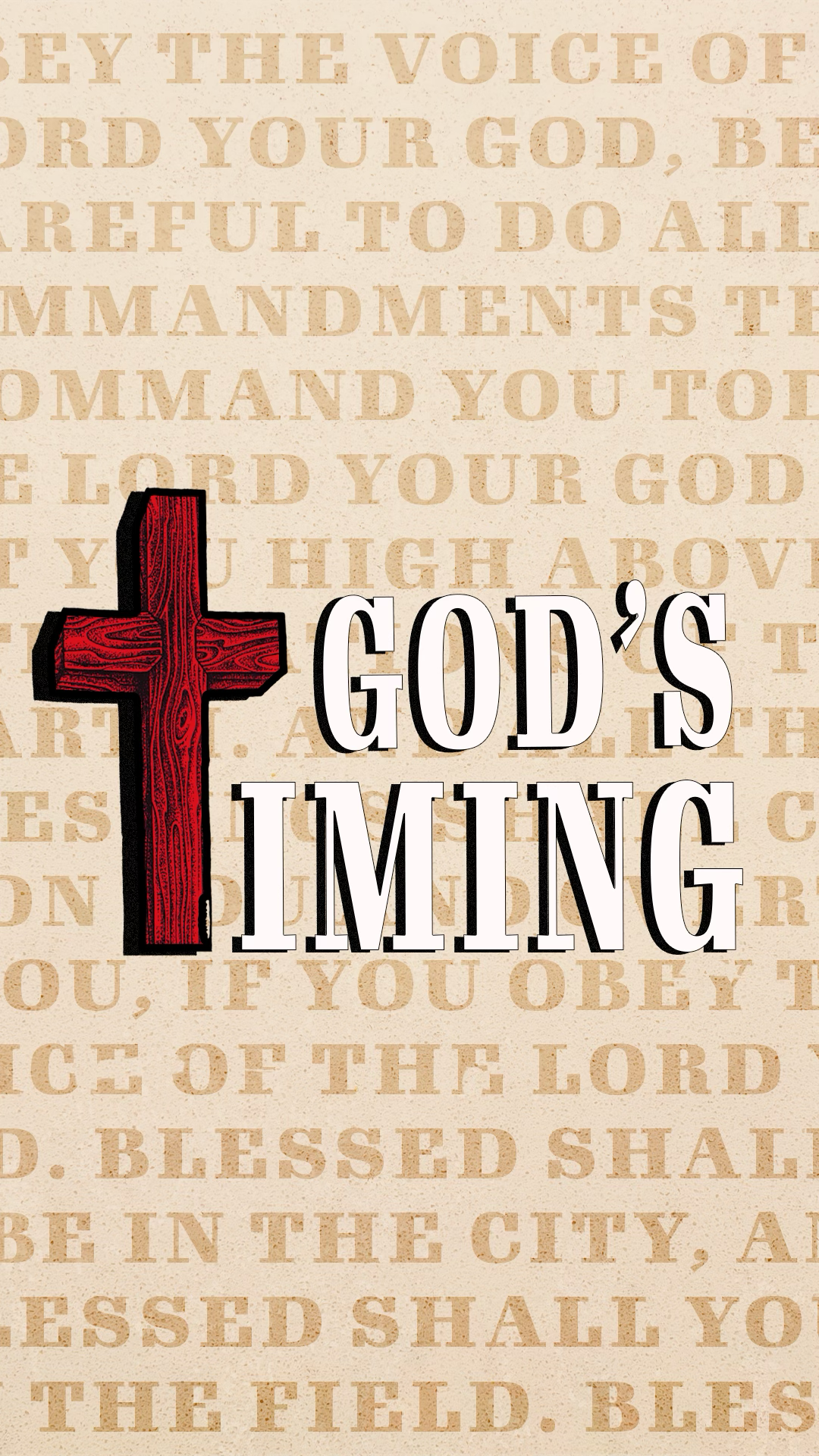 A religious poster with a red wooden cross on the left and the text "GOD'S IMAGING" beside it. The background contains faint Bible verses in beige and brown tones.