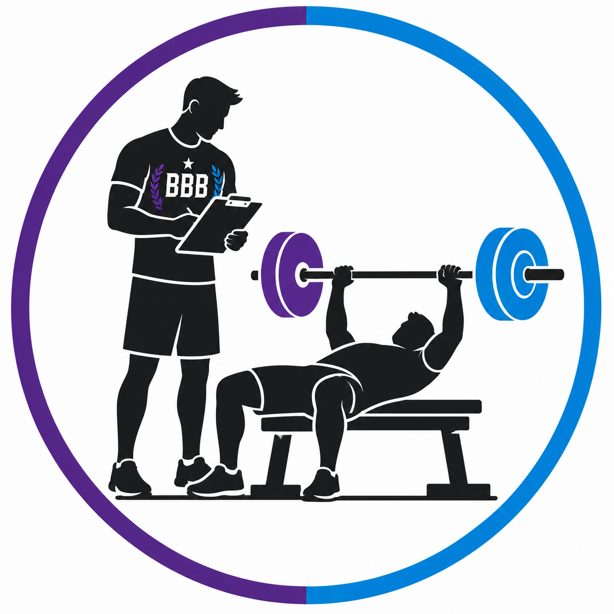 A stylized illustration of a person spotting another person doing a bench press with a barbell. The person on the bench is lying down lifting the barbell, and the spotter is holding a clipboard, monitoring the lift.