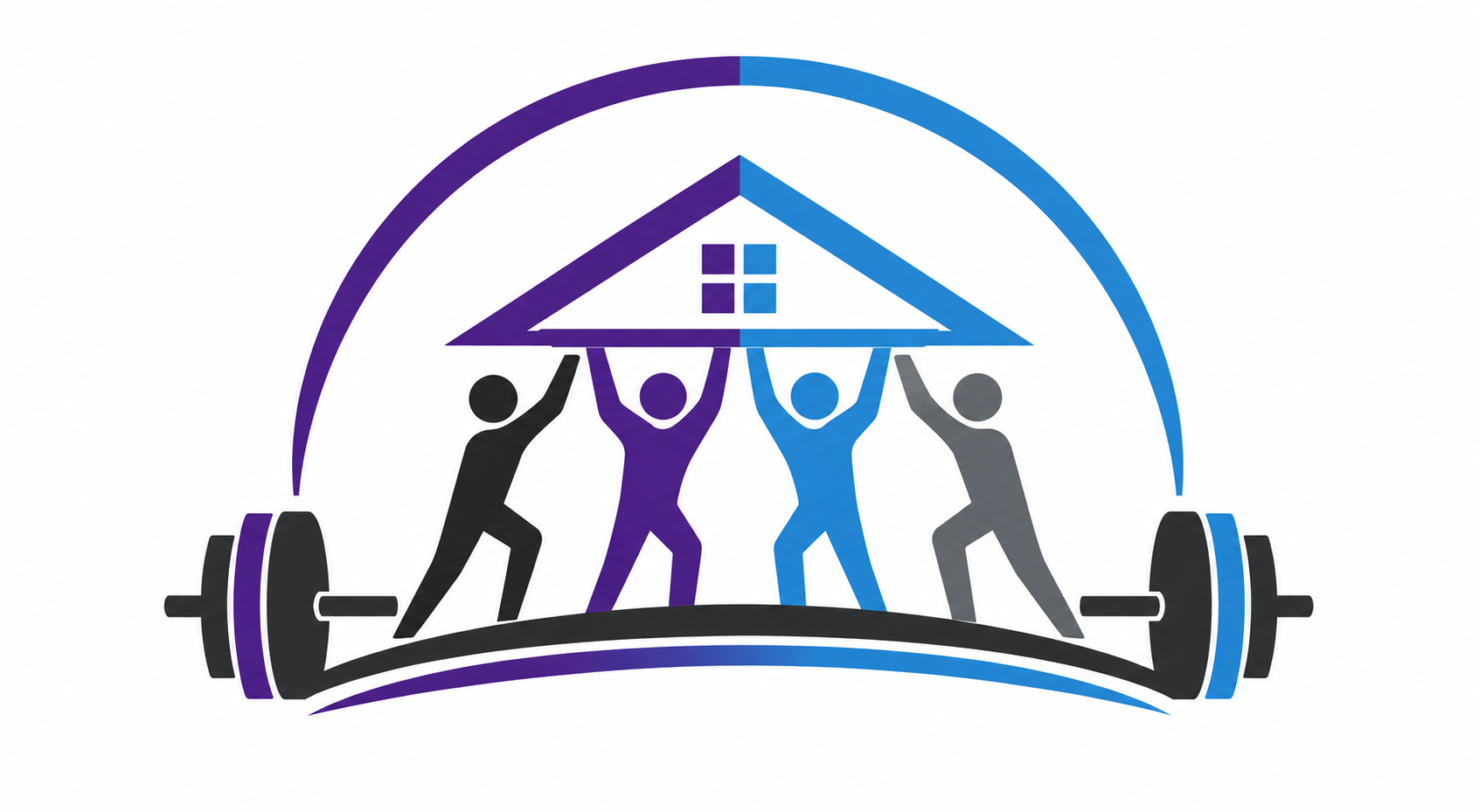 Graphic of four people lifting a house over their heads, with a barbell curved over them and an arch of lines in blue and purple