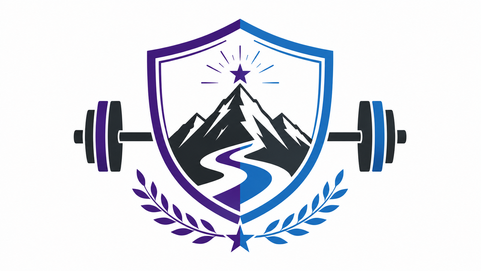 A logo combining a mountain scene with a river, a shield outline, a star at the top, a weightlifting barbell on each side, and laurel branches beneath.