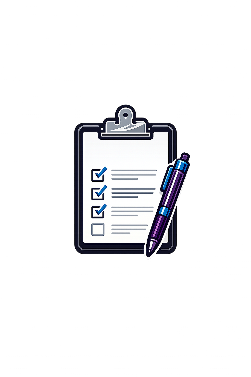 Illustration of a checklist on a clipboard with a pen, set against a colorful abstract background.