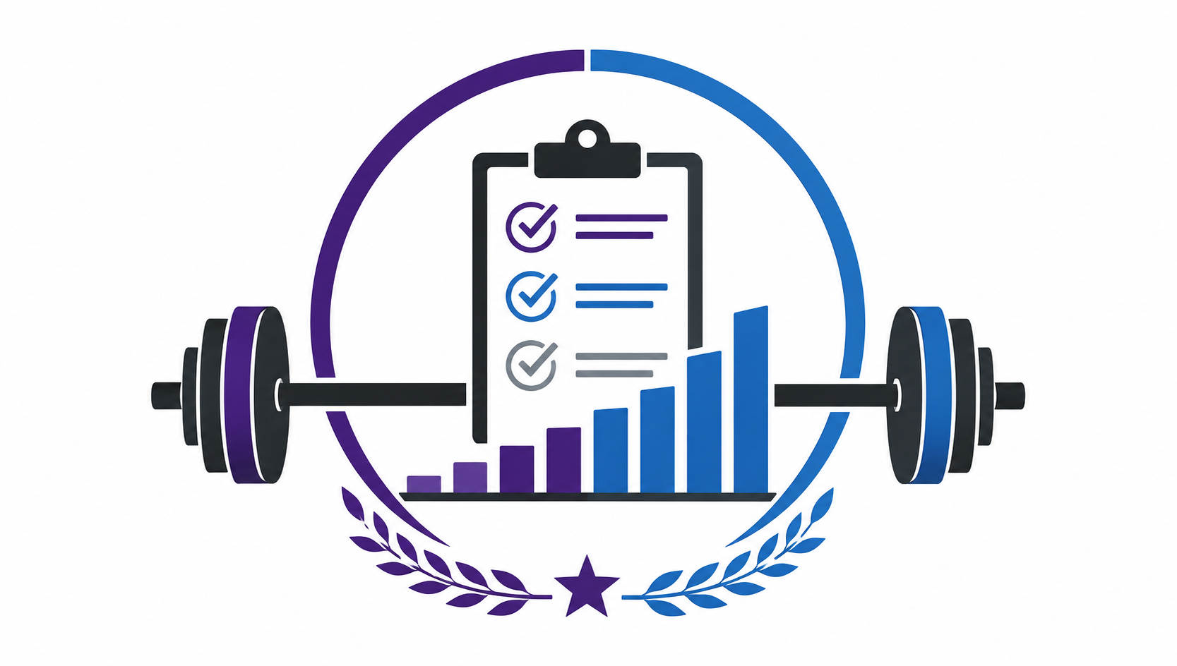 An illustration of a barbell with weights, a clipboard with checklist and checkmarks, a circular progress arc, laurel leaves, and a star, symbolizing strength, fitness, and achievement.