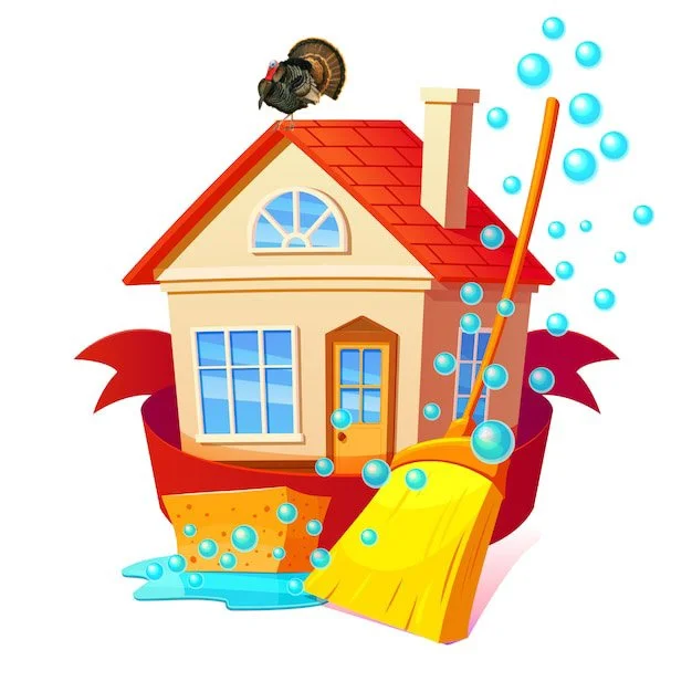 A cartoon house with a red roof and a chimney, surrounded by a red ribbon, and a yellow broom leaning against it. There is water with bubbles and a turkey perched on the roof.