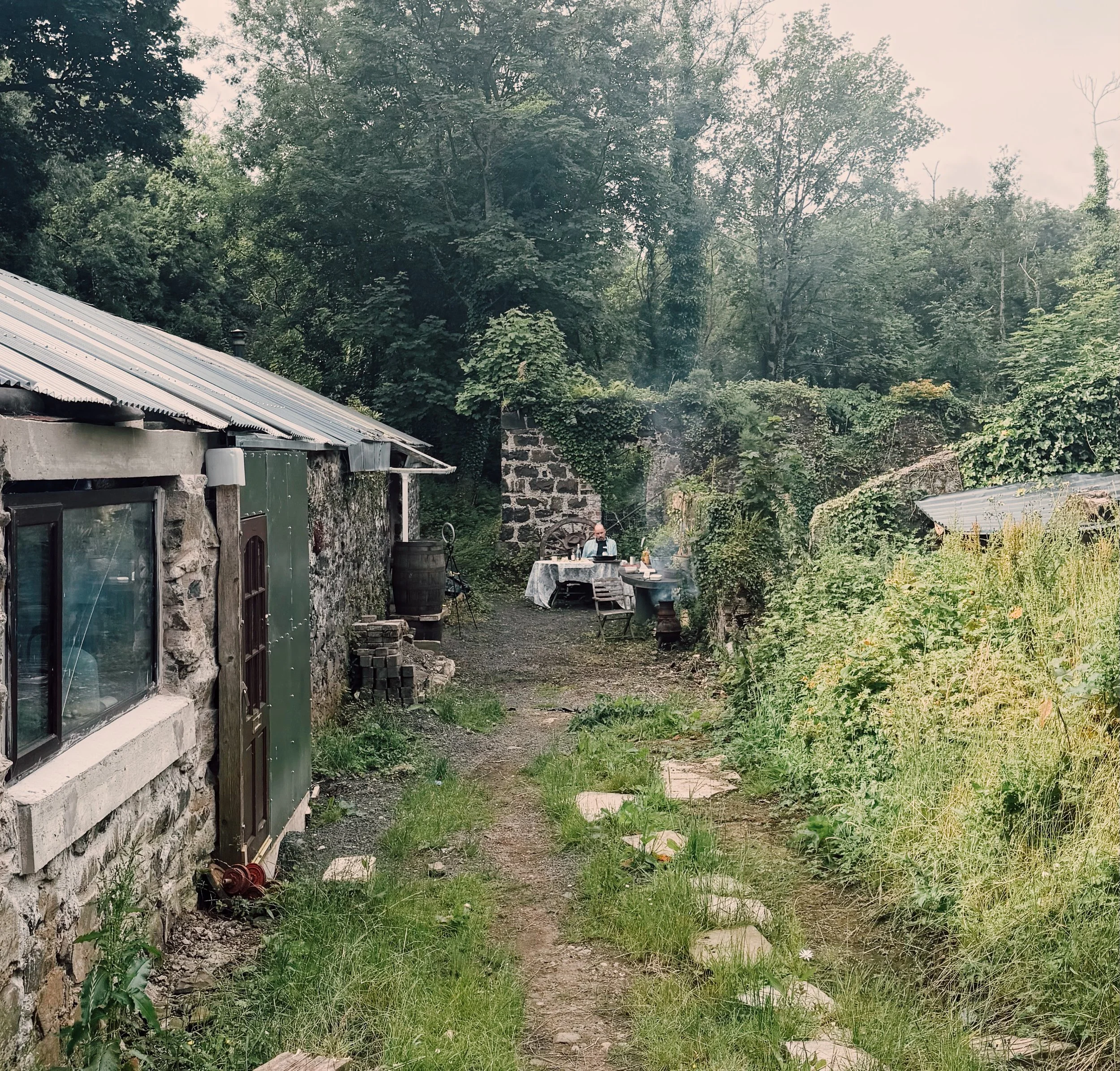 A stone cottage with a corrugated metal roof set in a lush green forested area.