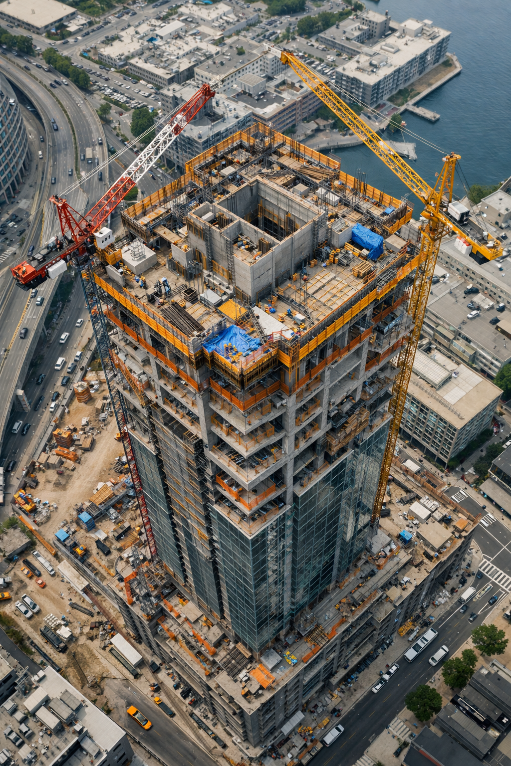 An aerial view of a high-rise building under construction with two large cranes on top, located in an urban area near water.
